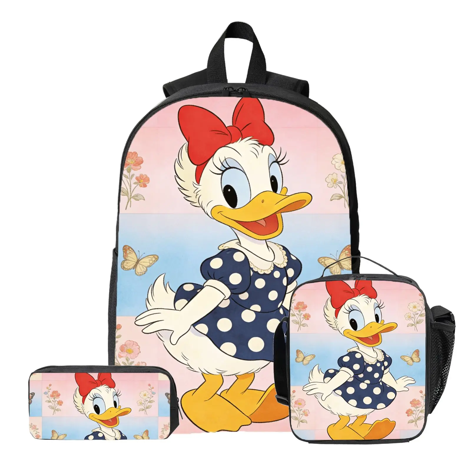 

3pc Daisy Duck theme Backpack, Pencil Case, Lunch Bag, High-Quality Cute Casual Shoulder Bag for Everyday Use