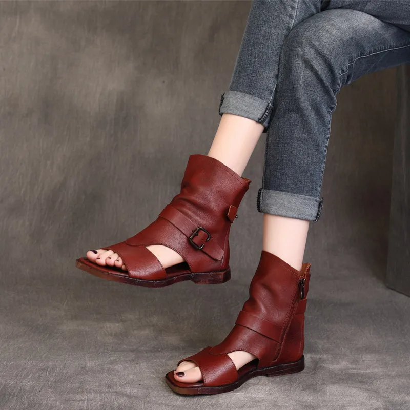 Spring 2021 new leather vintage handmade open-toe side zipper flat flat boots and sandals for women