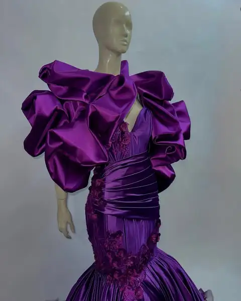 Real Image Dark Purple Mermaid African Evening Dresses With Handmade Flower Details Puffy Sleeves Nigerian Long Evening Gowns