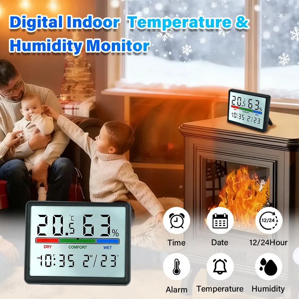 Professional Grade Indoor Temperature Humidity Meter with LCD Display - Digital Thermometer Hygrometer for Home Weather Station