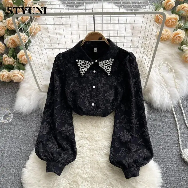 French Vintage Flower Embroidered Flares Polo-Neck Women's Blouse Shirt Long Sleeve Single Breasted Loose Female Blouses Tops