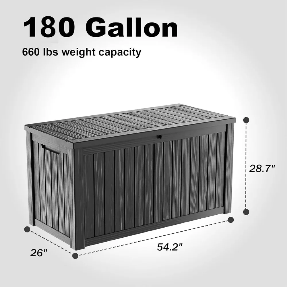 

180 gallon outdoor storage box, large waterproof deck box, lockable resin storage container with reinforced support