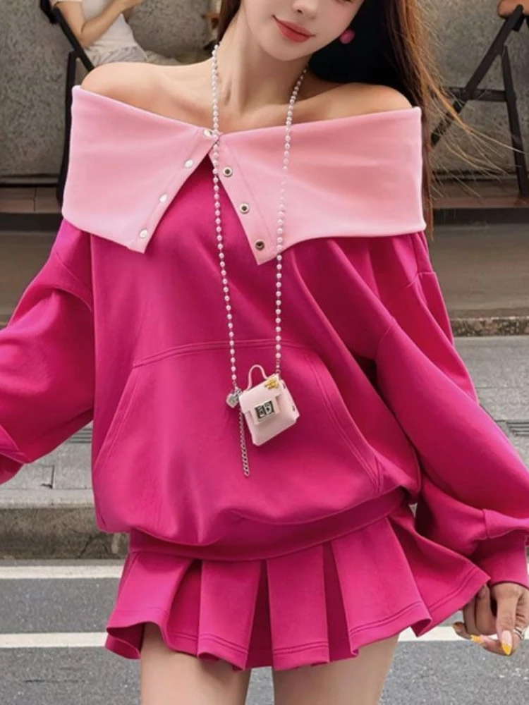 Harajuku Koreanische Süße Zwei Stück Set Frauen Off Schulter Langarm Sweatshirt + Falten Rock Elegante Nette Mode Chic Outfit