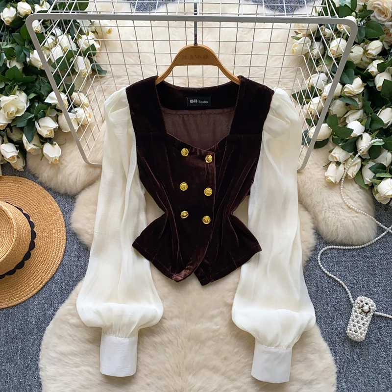 

French Style Lantern Sleeve Women Velvet Shirt Autumn Double Breasted Stitching Gentle Atmosphere Design Unique Beautiful Top