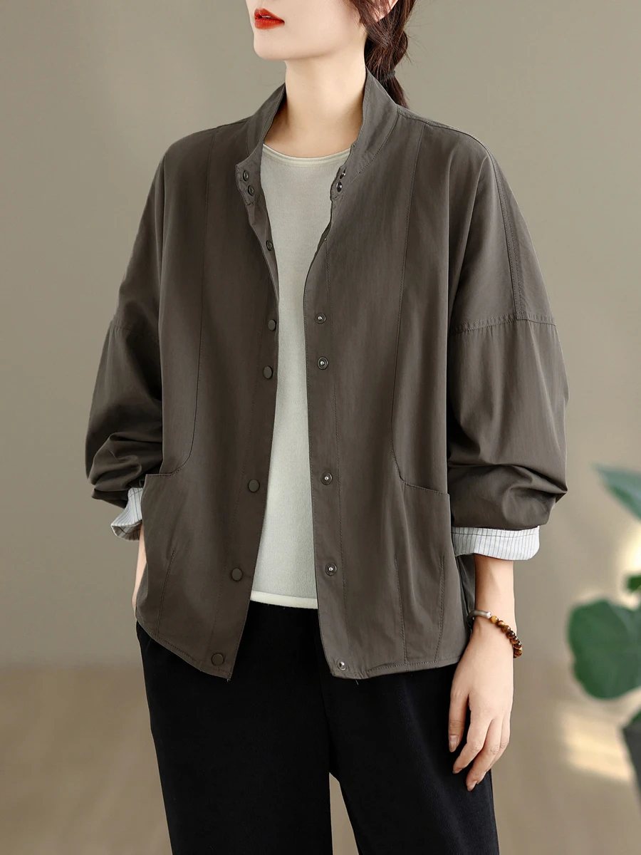

Spring 2026 Faion Simple Pure Color Casual Long Sve Stand Collar Single Button Women's plus Size Coat Trendy Open Cardigan