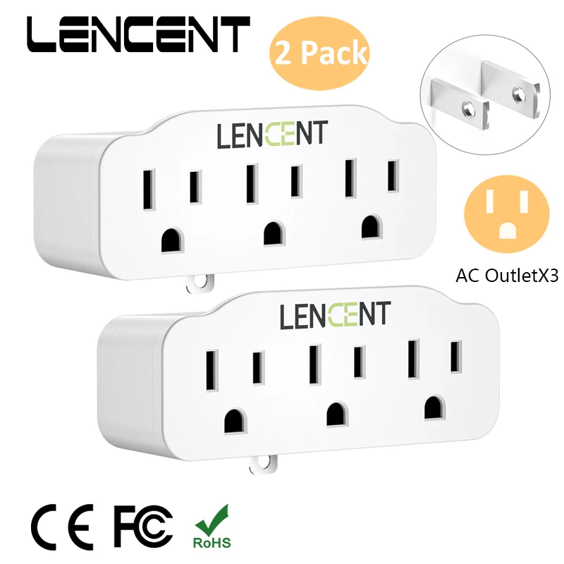 LENCENT 2 Pack US Multi Plug Outlet Extender with 3 Outlets 1875W 3 Prong to 2 Prong Polarized Grounding Adapter for Home Office