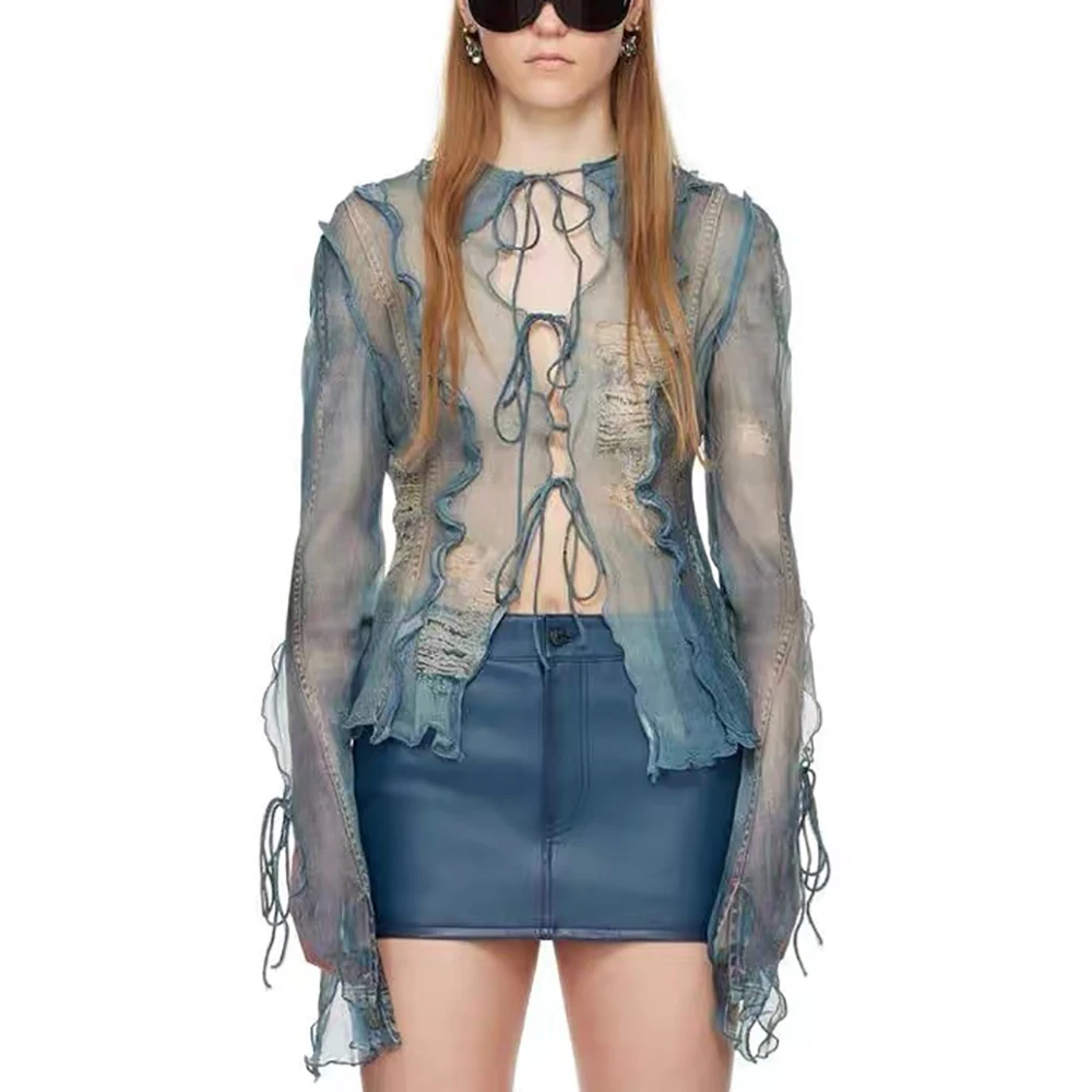 

2024 Spring / Summer New Women's Shirt Y2k Faux Denim Printed Hole Tie Sexy See-Through Commuter Hundred Cotton Blouse Tops