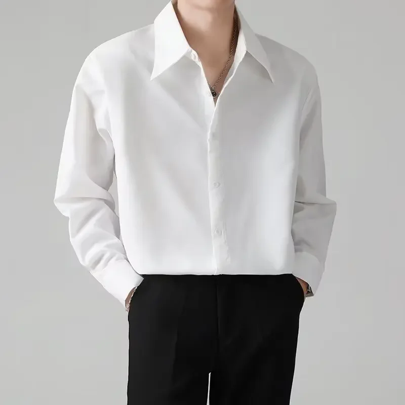 White Loose-fit Long Sleeve Shirt For Men Autumn Trendy Design Sensibility High-end Feel Casual Wear