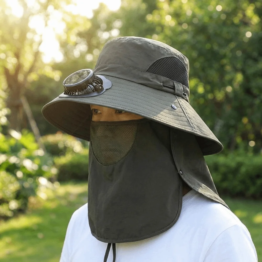 Portable Solar Rechargeable Fan Hat Adjustable with Face Cover Fishing Sun Shading Hat Long-lasting 1000mA Wide Brim Fan Hat