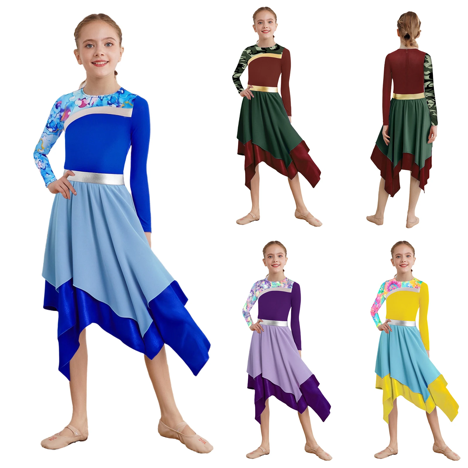 الفتيات الثناء الغنائي فستان رقص حديث كم طويل غير النظامية هيم فستان العبادة الليتورجية الرقص عرض مسرحي أزياء مسرحية