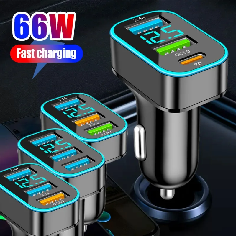 4ports Car Phone Charger PD 30W USB 3.1 QC 3.0 Gidital Display Car Power Adapter for Iphone Xiaomi Samsung Huawei Car Charger