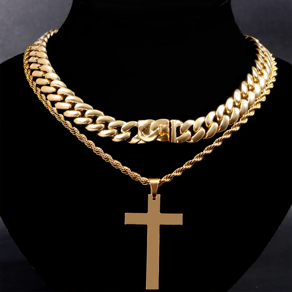 2Pcs Stainless Steel Rope Chain Christian Cross Necklace Women Men 13MM Metal Cuban Link Chain Necklace Punk Hip Hop Jewelry