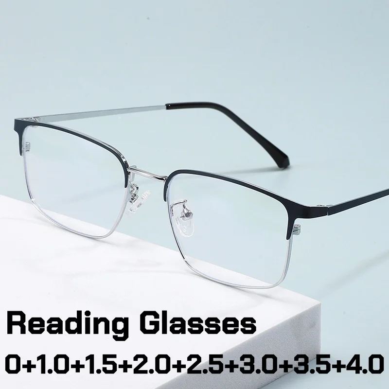 

Высококачественные очки для чтения в металлической оправе, мужские деловые очки с полуоправой, антибликовые, для дальнозоркости, унисекс, с HD-линзами из поликарбоната