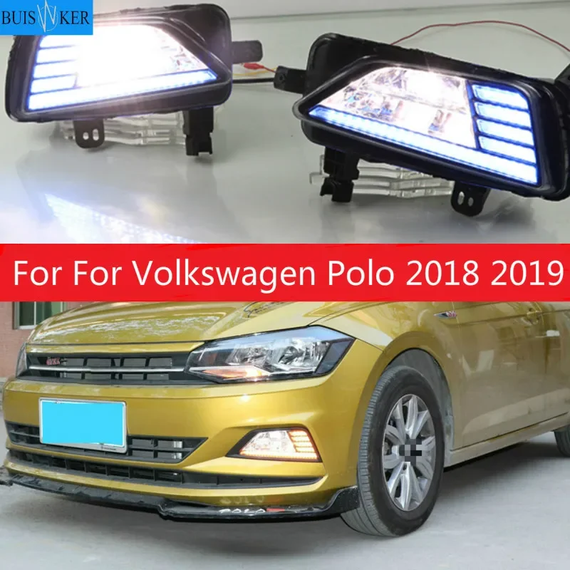 

2PCS LED Daytime Running Light For For Volkswagen Polo 2018 2019 Dynamic Yellow Turn Signal 12V DRL Fog Lamp Car Styling