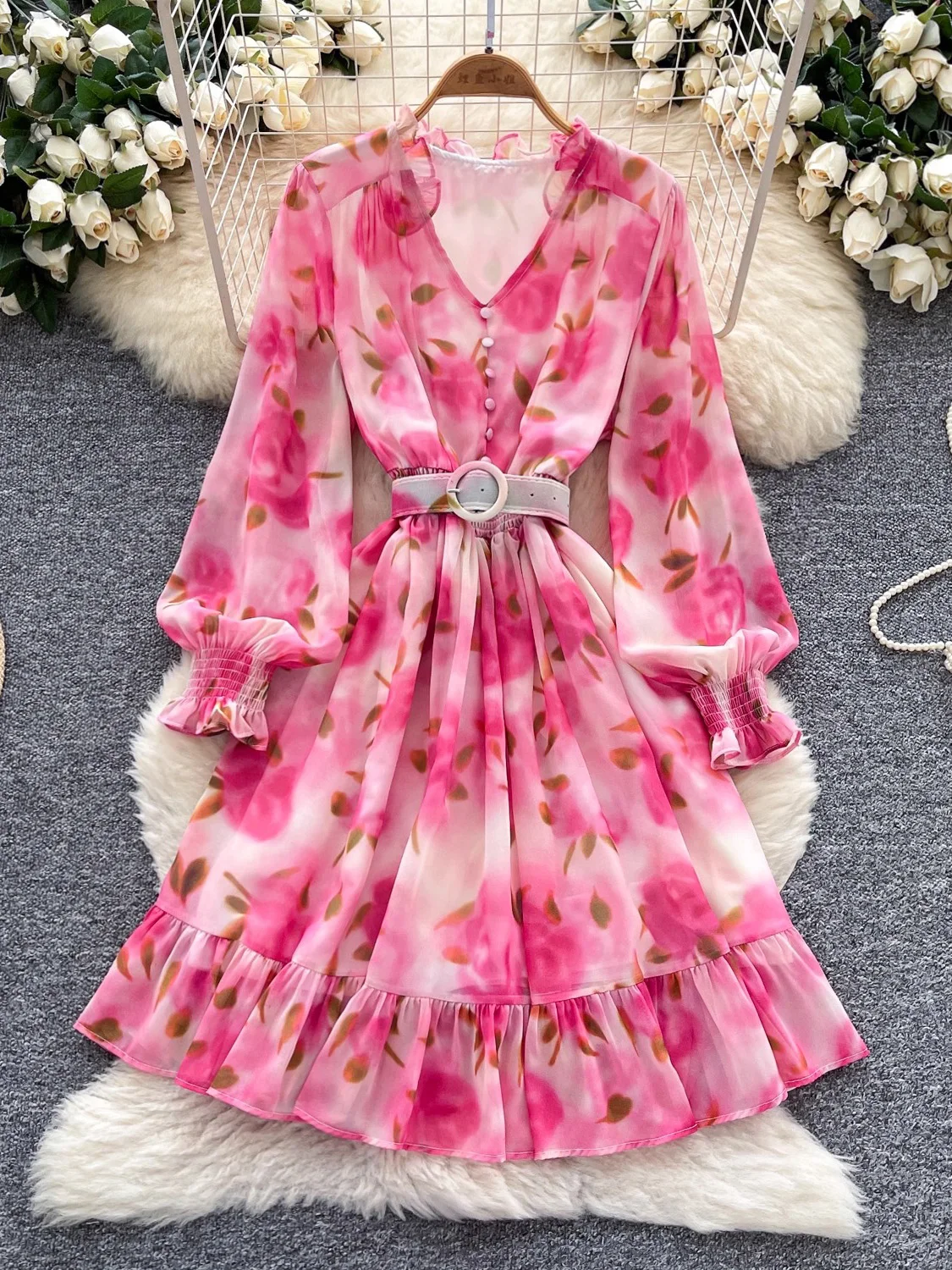 الخريف خمر المرأة المطبوعة فستان قصير أنيق فانوس كم طويل كشكش الخامس الرقبة ألف خط Vestidos عطلة الشاطئ موضة جديدة