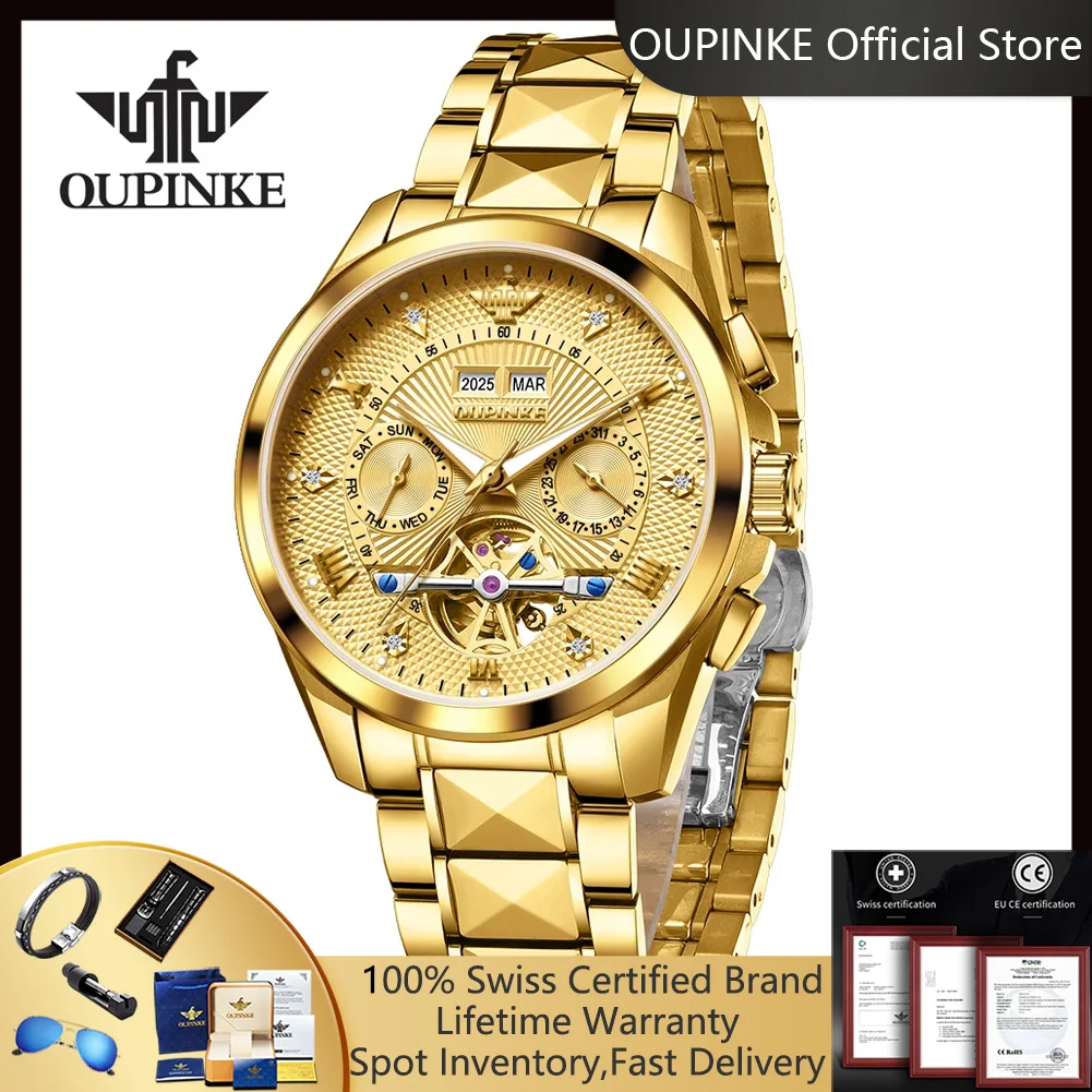 

Мужские золотые часы OUPINKE 3270: модные, с открытым механизмом, люксовый бренд, швейцарская сертификация, автоматические механические часы для мужчин