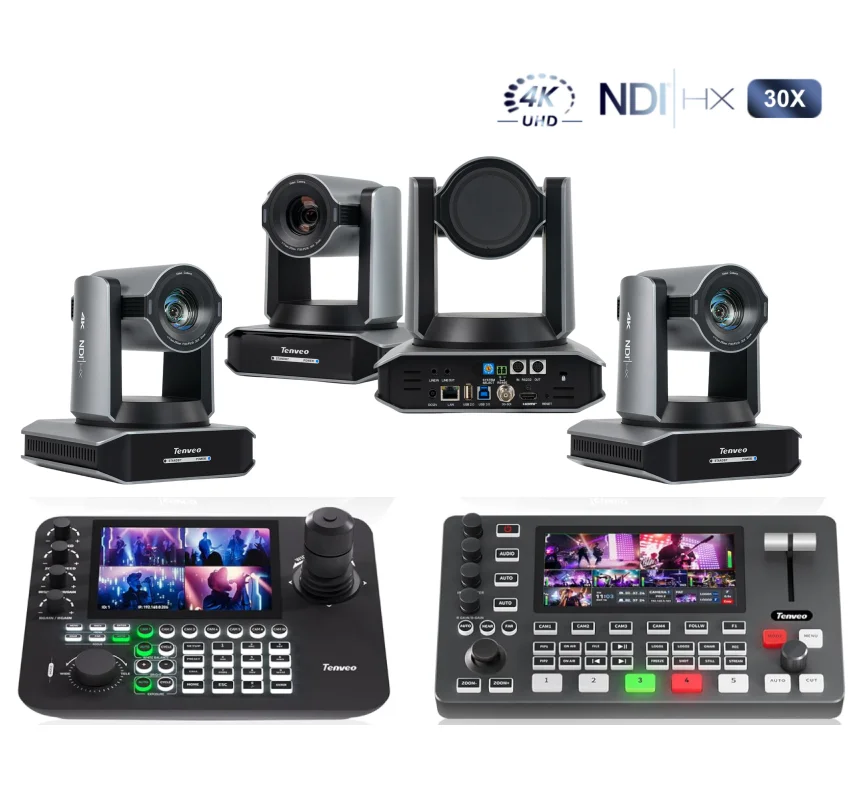 4Pcs 4K 60fps NDI 30x Zoom PTZ Conference Camera USB+HDMI+3G-SDI+POE | 4 Split Screen Keyboard Controller |PC500 Mixer Switcher