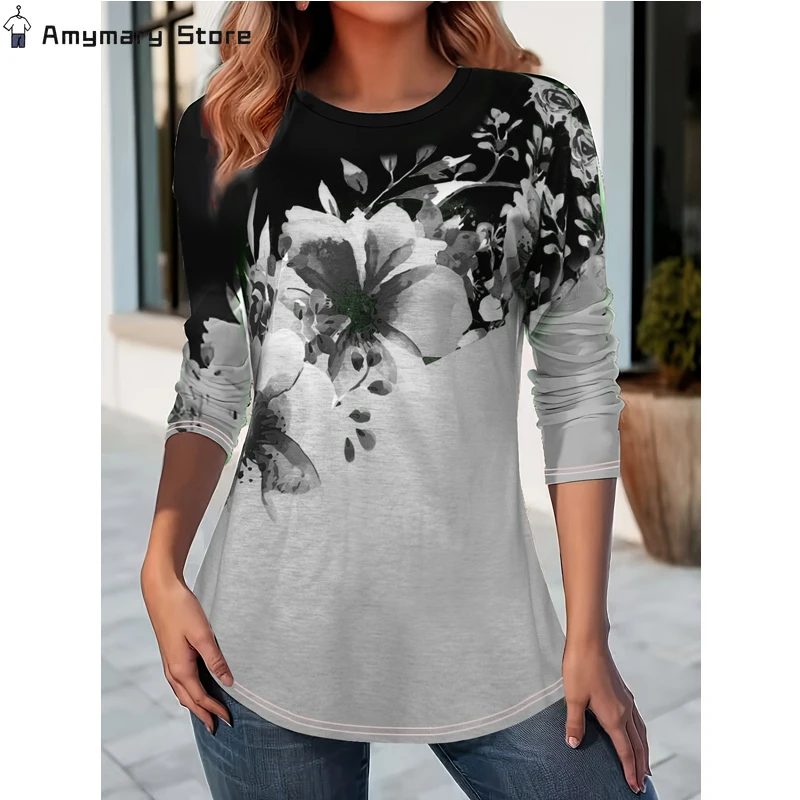 

Summer Women's Flower Printed Long Sleeve T-shirt Round Neck Loose Contrast Pullover Top Holiday Floral Tee Blouse Streetwear