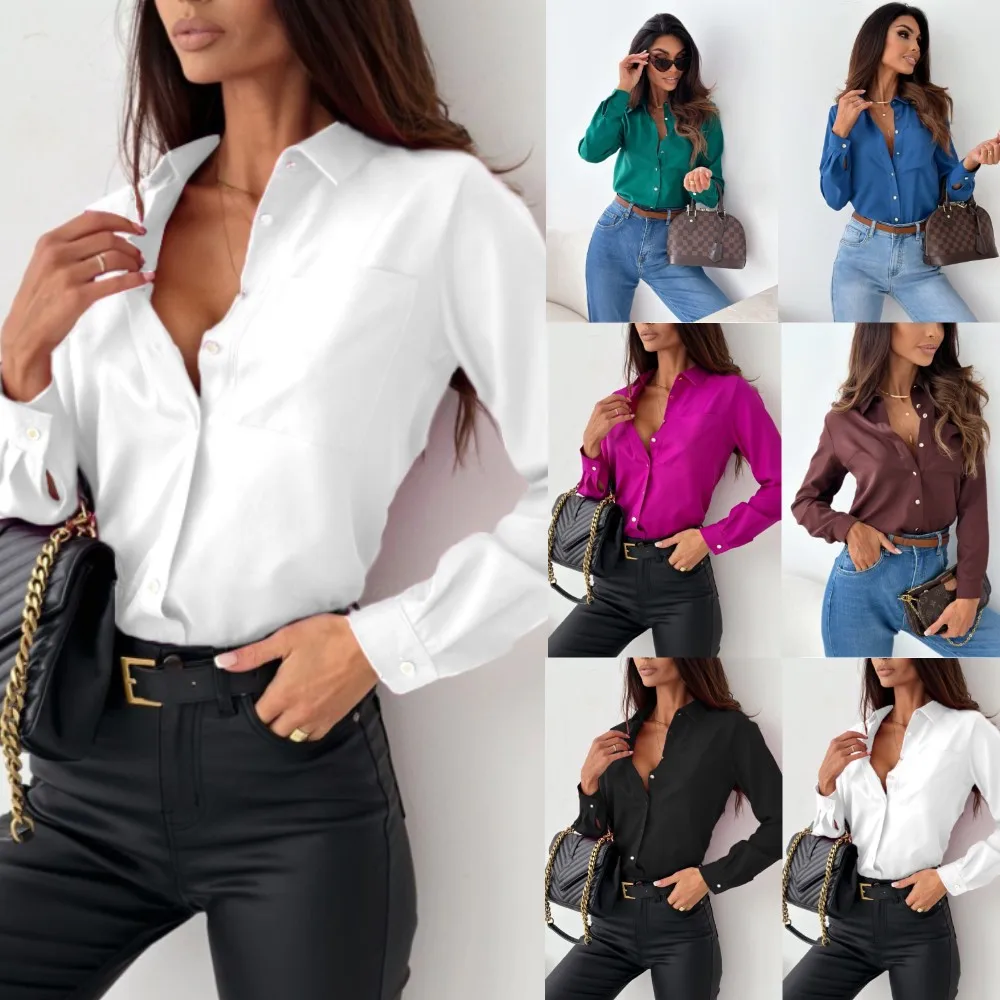 Women's Shirt Solid Color Long Sleeved Lapel Button Fashionable Slim Fit Shirt Top 2024