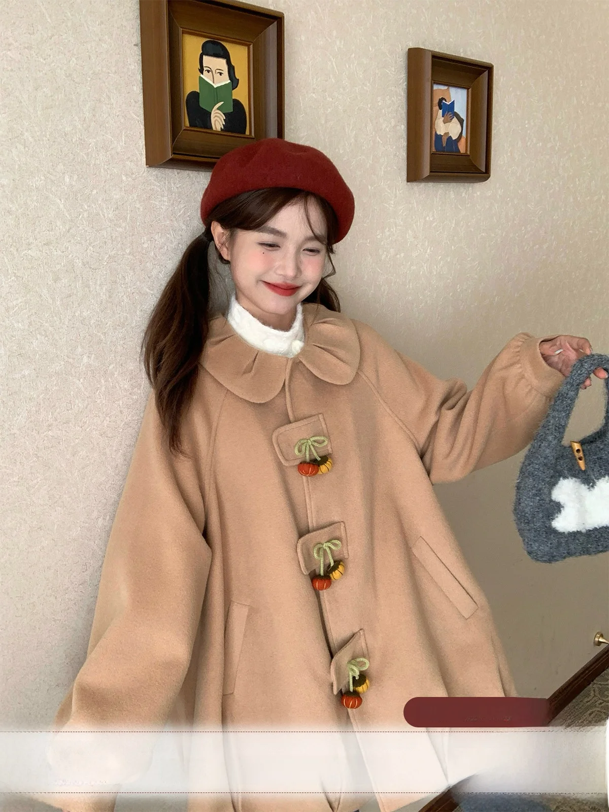 

Warm Woolen Coat for Women Knot Doll Collar Mid-Length Niwoth Thiened Polyester Viscose Wool Modal Winter Jaet