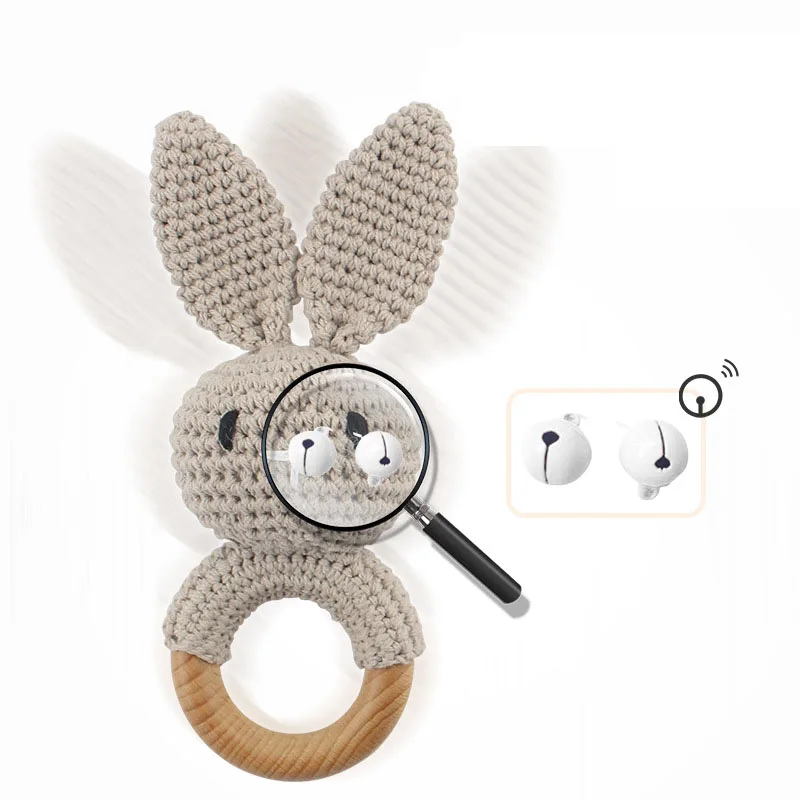 Baby Rasseln DIY Häkeln Cartoon Löwe Fuchs Puppe Hand Glocke Geschnitzte Holz Ring Zahnen Spielzeug Neugeborenen Molaren Beißring Pädagogisches Spielzeug