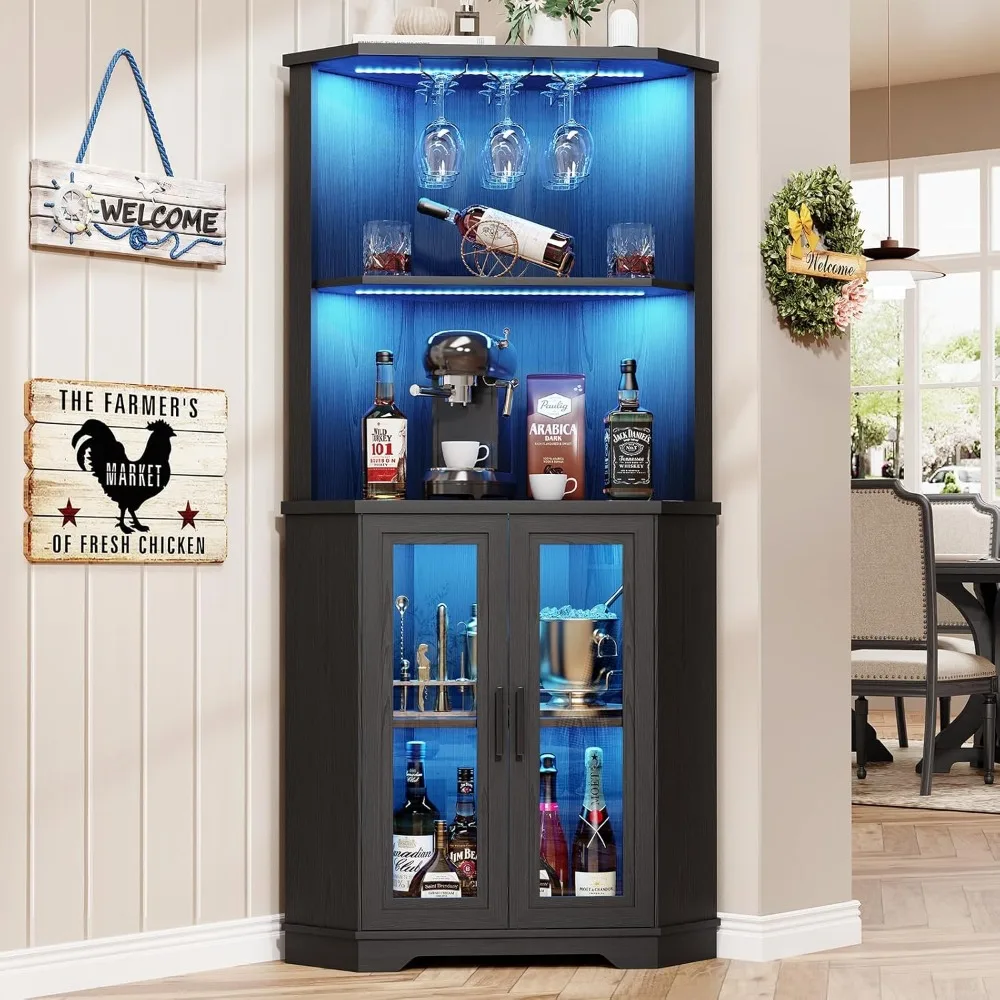 

Corner Bar Cabinet with LED Lights, Wine Cabinet Liquor Stand with Glass Holder & Tempered Glass Door, Alcohol Storage