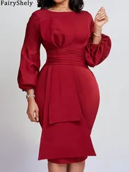 Faireshely sólido 2025 lanterna manga longa plus size vestido feminino grande drapeado vestidos grandes senhora primavera festa apertado vestido curvilíneo