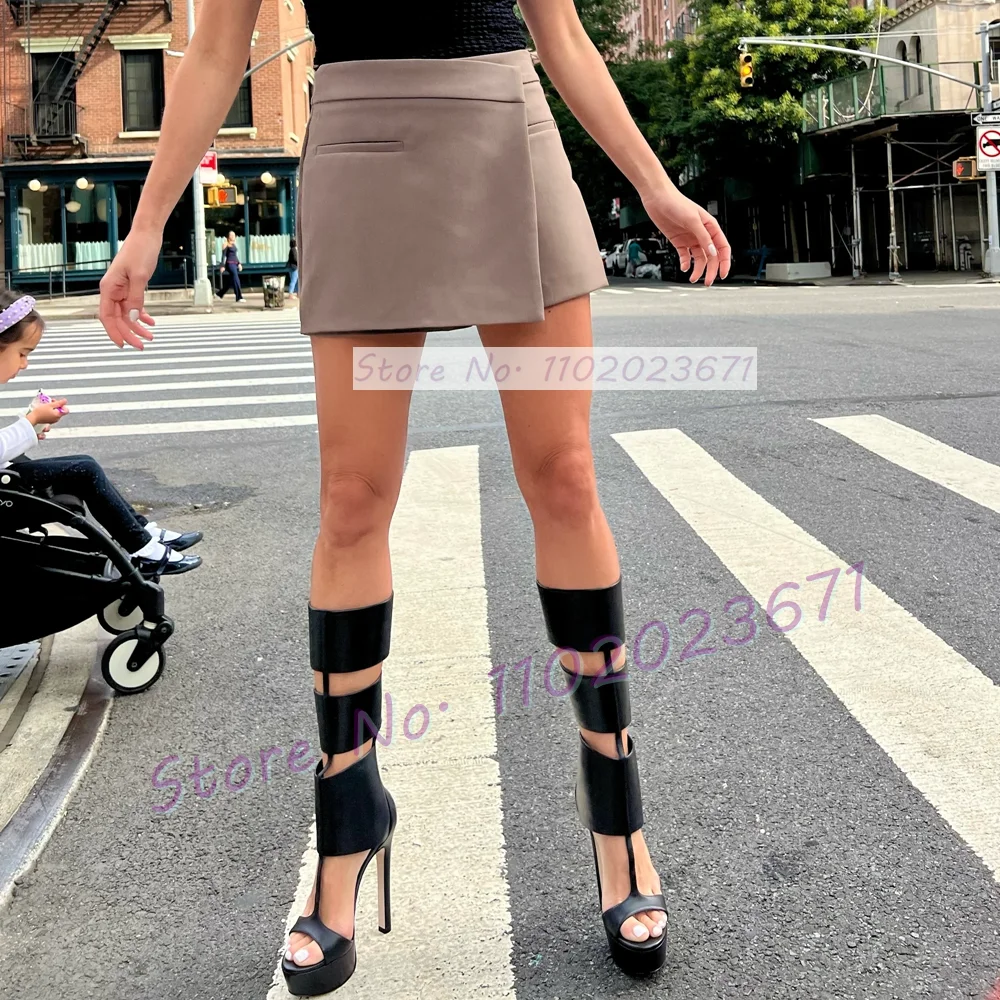 Caged Platform Tall Sandal Boots Women Chic T-strap Gladiator Open Toe Sandals Ladies Classy Back Zipper Summer Cutout Sandals