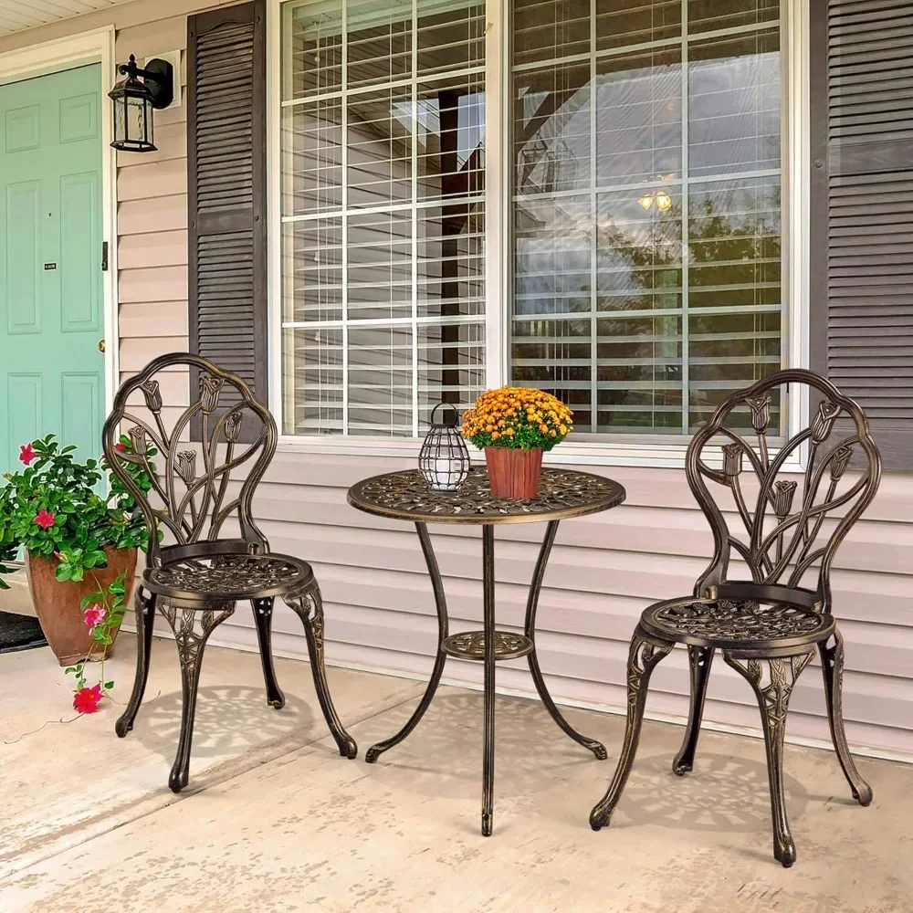 Patio Bistro Sets 3 Piece, Outdoor Rust-Resistant Cast Aluminum Garden Table and Chairs, Bronze