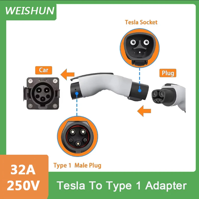 250V 32A AC Tesla To Type1 Electric Car Charging Adapter For SAE J1772 EV Connector 7KW