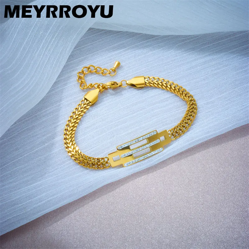 MEYRROYU 316 Stainless Steel Gold Color Rhinestone Belt Buckle Bracelet For Women Snake Chain Vintage Valentine's Day Gift Party