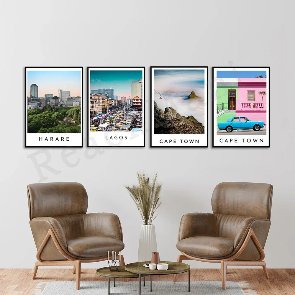 Harare Zimbabwe, beautiful sunset in Lagos Nigeria, Cape Town South Africa, colorful wall art poster print. travel poster