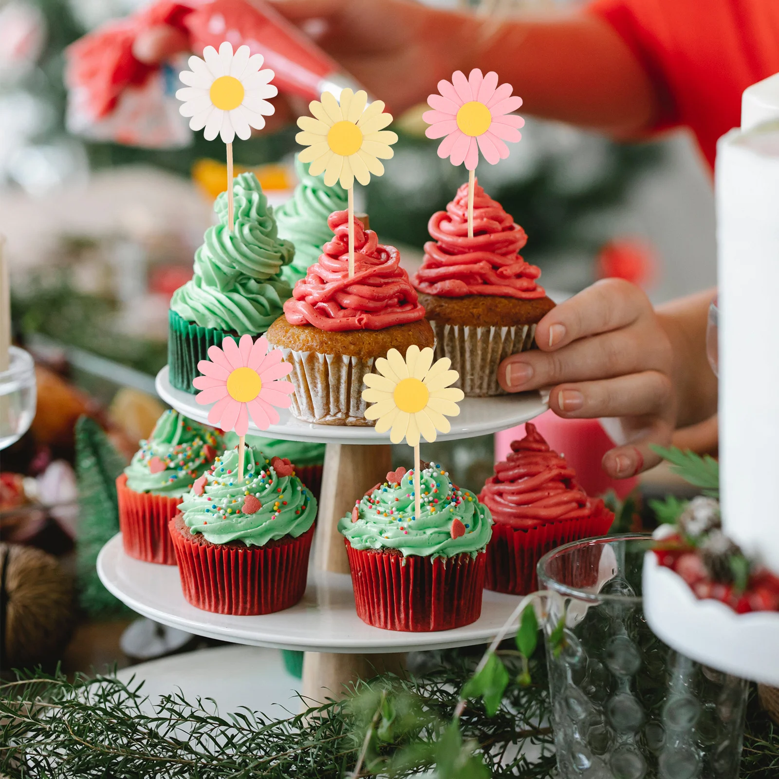 

36pcs Daisy Cake Toppers 3D Double Layer Flower Cupcake Picks Vibrant Colorful Party Supplies For Birthday Shower Spring