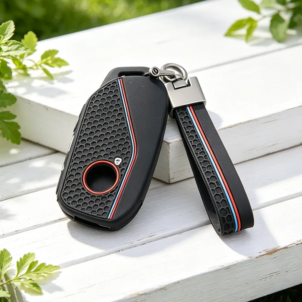 Silicone Car Key Fob With Keychain, Honeycomb M Sport Stripe for BMW 7 Series 735i 740Li X7 G07 LCI X1 U11 I7 XM Accessory