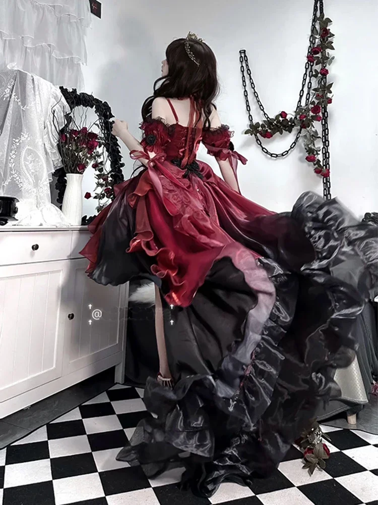 Vestido de princesa esponjoso de Lolita para mujer, vestido de boda de flores rojas grandes y encantadoras