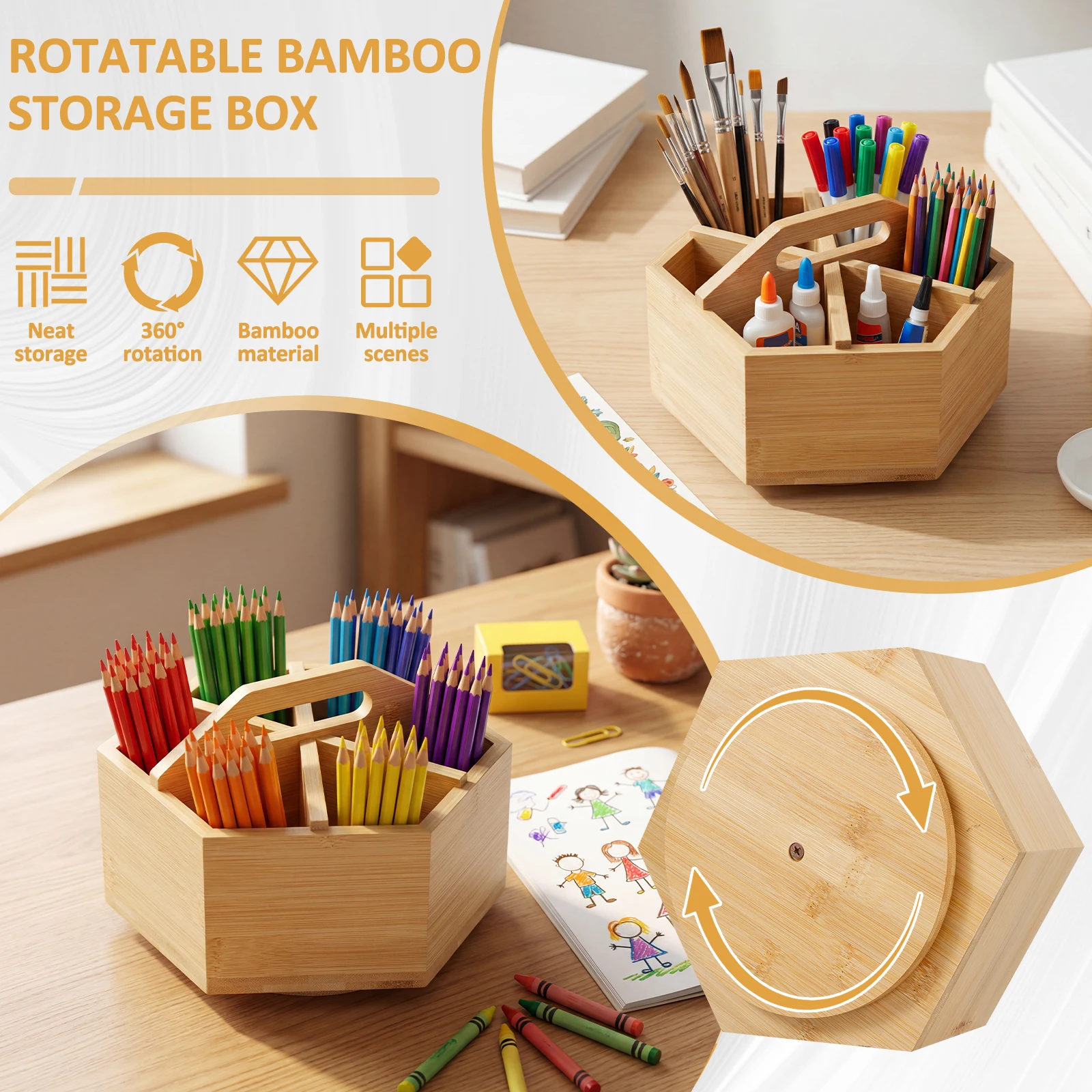Rotating Pen Holder Bamboo Versatile Hexagon Desktop Pencil Organizer Large Capacity Cosmetic Brush Box Office School Supplies