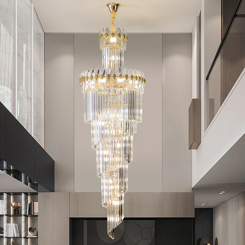 Duplex Crystal Light Spiral Staircase Long Chandelier Light Luxury Penthouse Villa Loft Apartment Stairwell Luxury Hotel Light