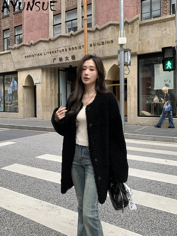 AYUNSUE 2025 Nowa kurtka z owczej wełny damska Naturalna wełna Luksusowe kurtki damskie Ubrania Kurtka futrzana średniej długości Moda Abrigo Mujer