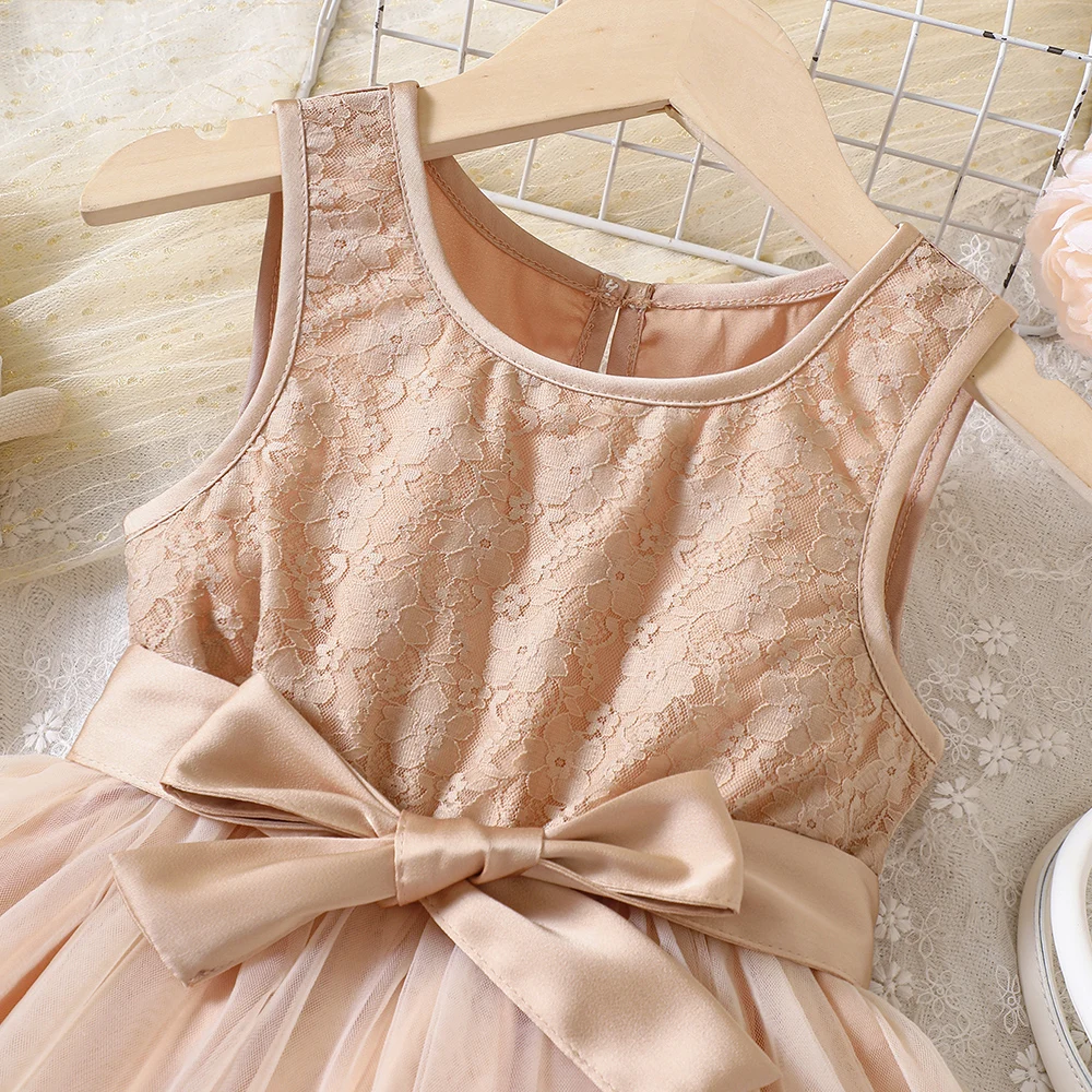 Summer New Sleeveless Tank Top Apricot Bow Spliced Mesh Solid Color Dress For Primary And Secondary School Girls