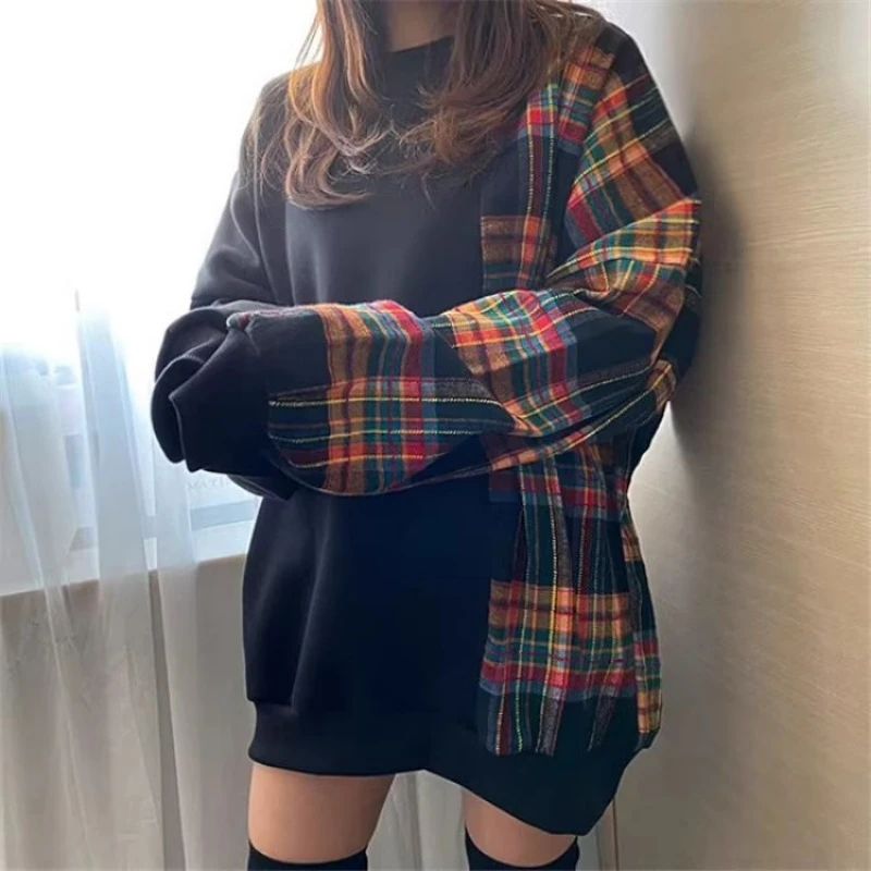 Korean Fashion Hoodies Plaid Patchwork Long Sleeve Casual Loose Sweatshirts Spring Autumn All Match Design Women\'s Clothing 2024