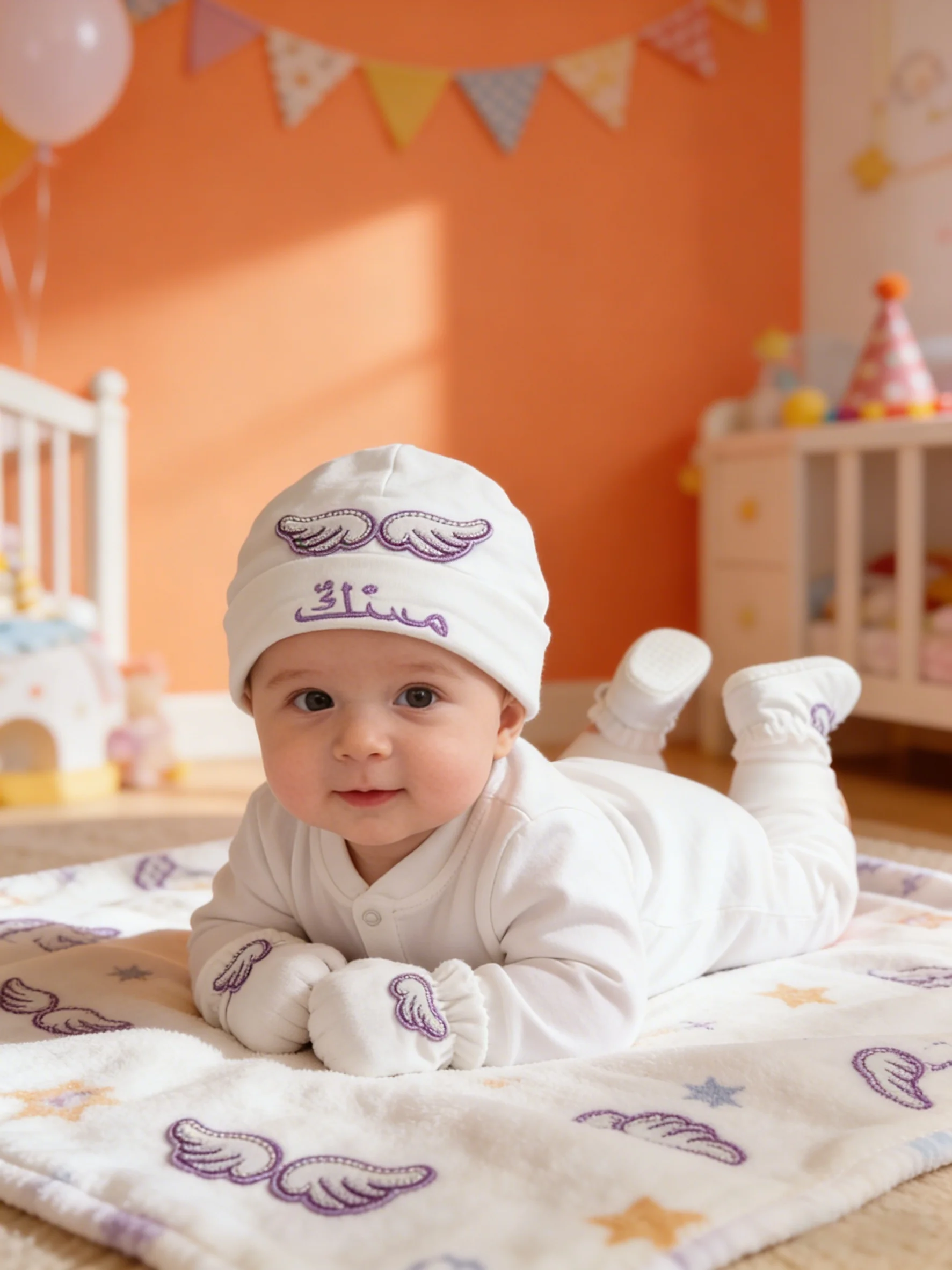 Exquisite Custom Arabic Embroidered Baby Romper Set Deluxe Purple White Angel Themed Newborn Gift Set Premium Quality