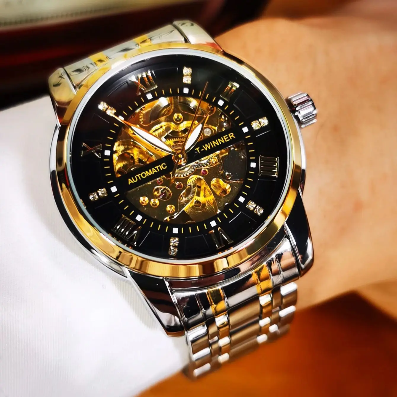 

Классические механические часы со скелетом Iced Out, роскошные автоматические часы для мужчин, светящиеся стрелки, наручные часы с ремешком из нержавеющей стали, ПОБЕДИТЕЛЬ