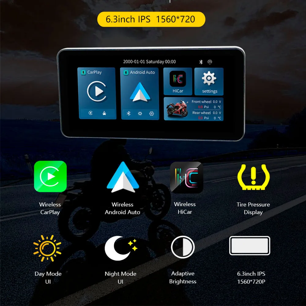 ​ EANOP Schermo CarPlay wireless per moto da 6,3 pollici Supporto allarme TPMS per moto WiFi OTA Impermeabile IPX6