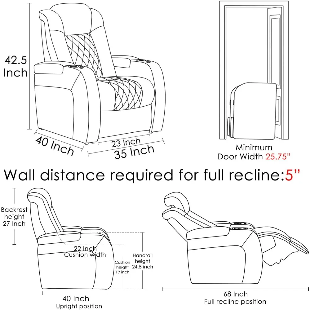 Sofá reclinable eléctrico para cine en casa, silla reclinable de cuero para juegos, mesa con bandeja giratoria, puertos USB y dos portavasos