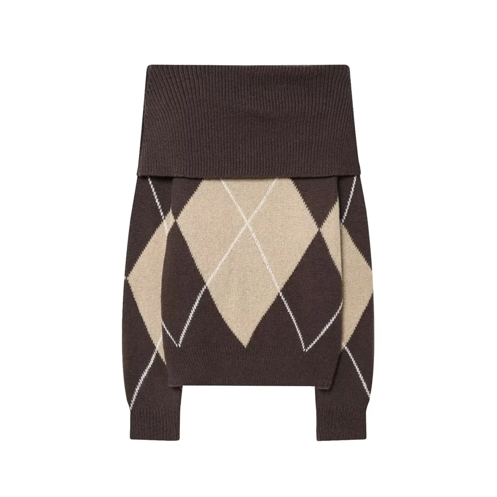 Herfst en winter dames nieuwe casual diamant één woord hals off-shoulder rechte buis geribbelde gebreide trui met lange mouwen