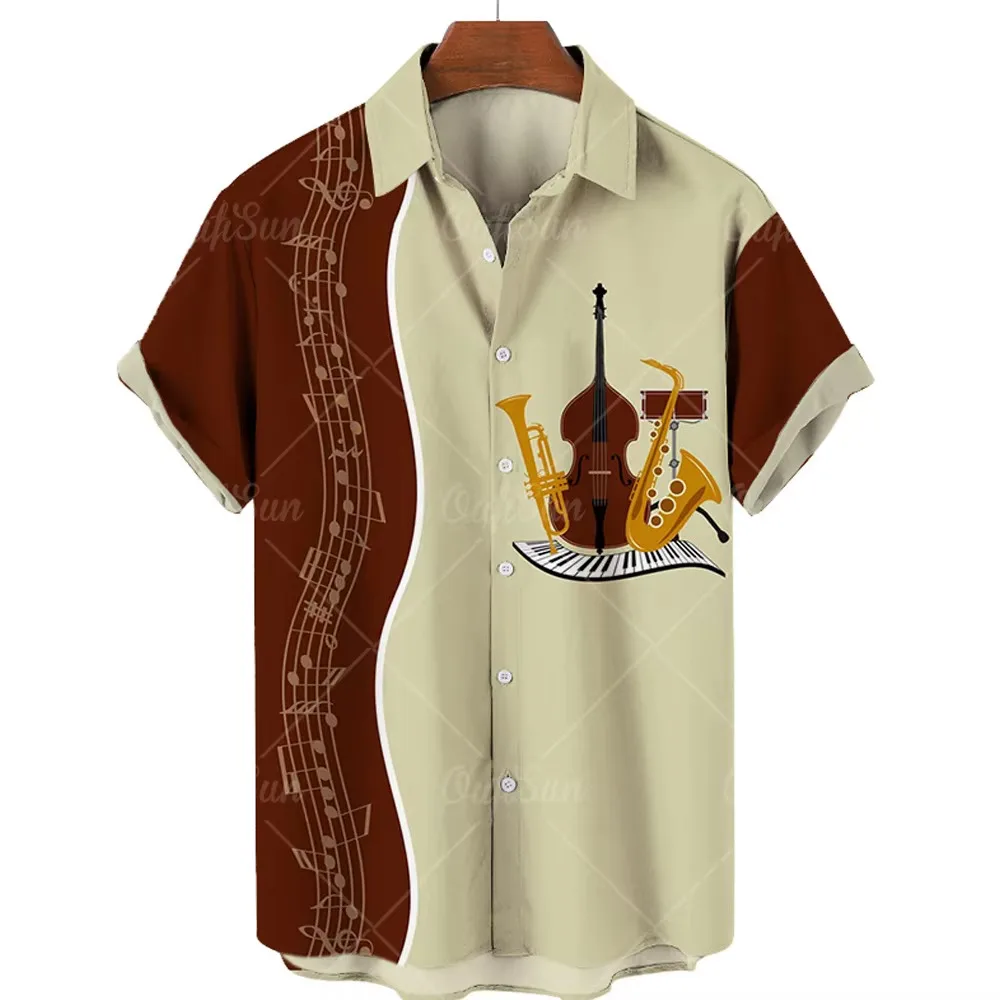Hawaiian Shirt with Musical Guitar Print for Men, Party Short Sleeve Beach, Hip Hop, Harajuku, Large Size Top