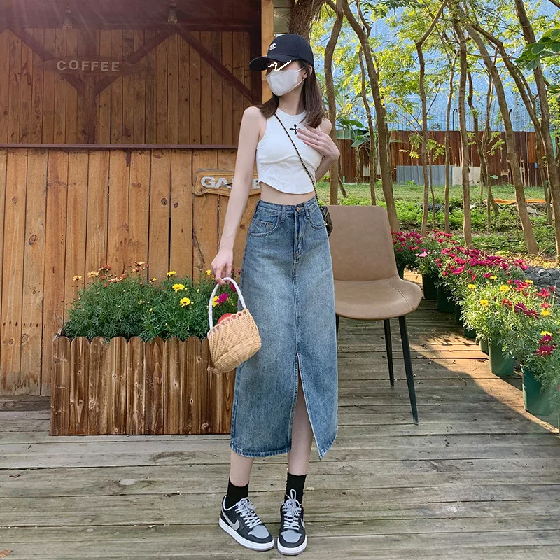 

Women's High Waisted Straight Leg Denim Skirt | Retro Split Midi Slit Skirt with Casual Relaxed Fit