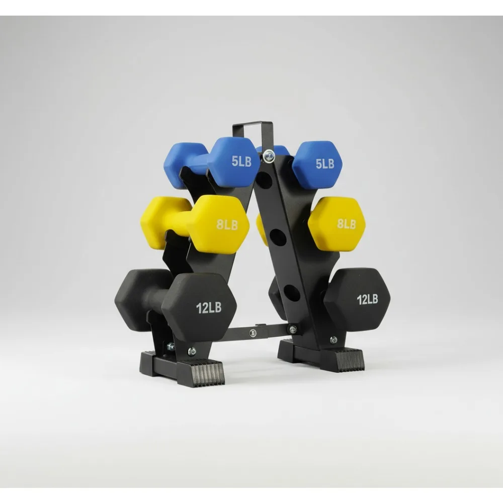 مجموعة دمبل نيوبرين مُزودة بالألوان مع رف تخزين - أوزان متعددة للياقة البدنية في صالة الألعاب الرياضية المنزلية #1