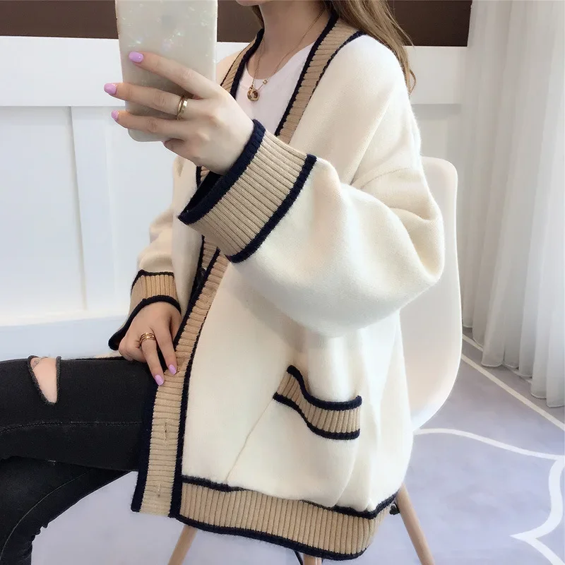 Spring New Women Elegant Long Sleeve Knitted Cardigan Korean Fashion Stripe Sweaters Winter V-neck Casual Knitwear Coats Female
