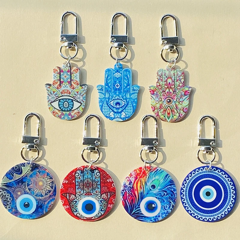 Boho Flower Fish Evil Eye Hamsa Hand Keychains For Women Men Acrylic Ethnic Vintage Fatima Hand Turkish Blue Eye Bag Car Keyring